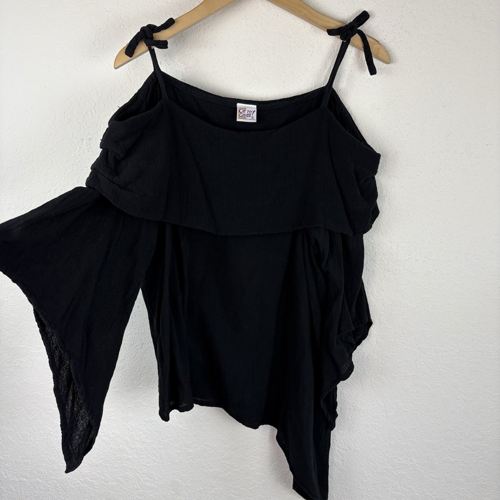 Oh My Gauze Size 2 Blouse Top Cold Shoulder Lagenlook Asymmetric Whimsigoth L/XL